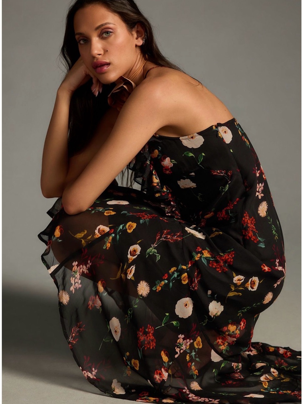 Maeve Anthropologie floral Black High-Low Maxi Dress